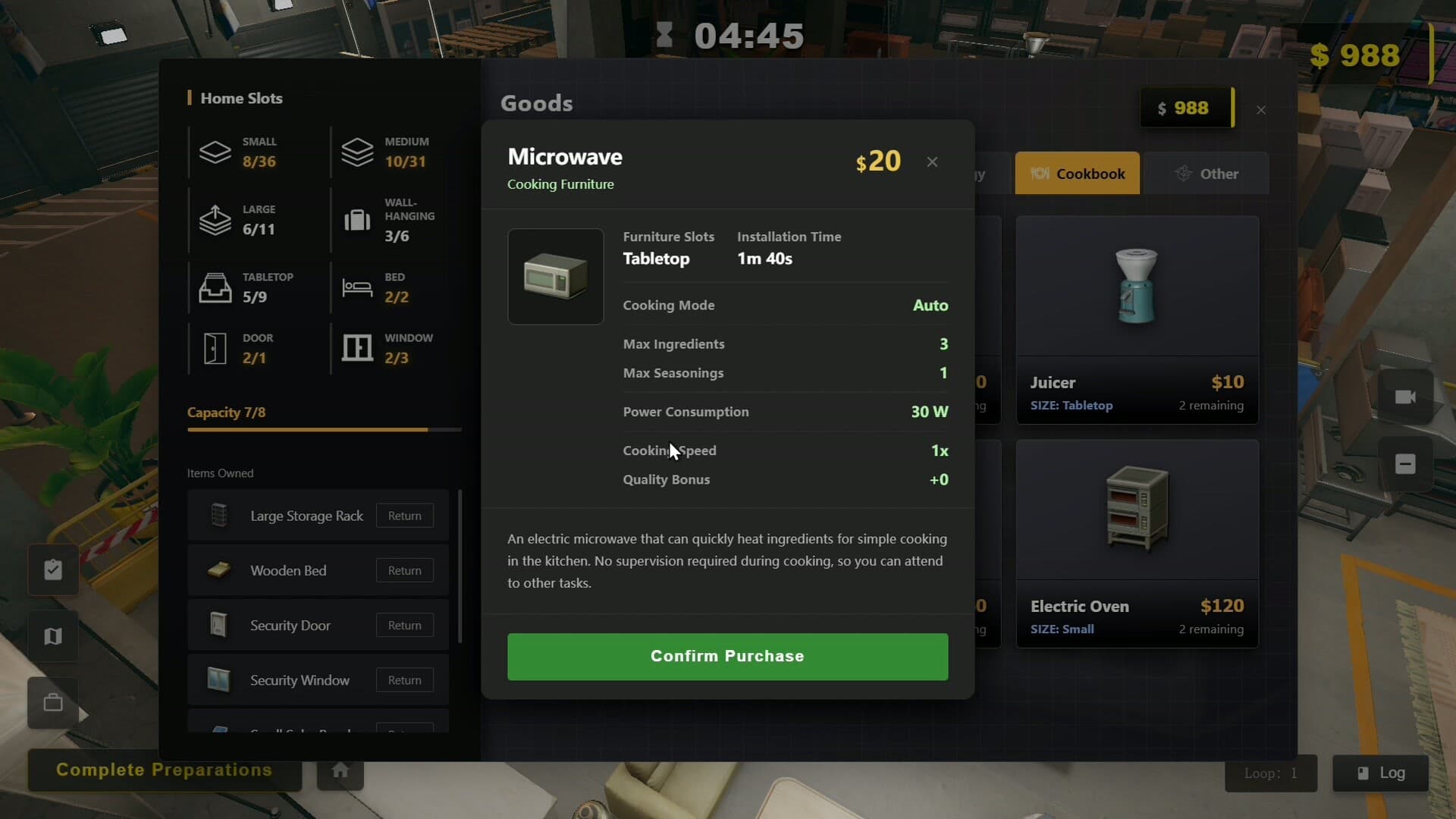 Official Survival Log Steam screenshot showing furniture slots and a microwave purchase panel.